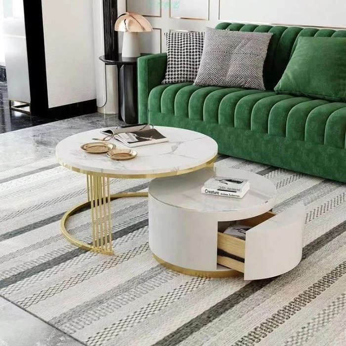 Modern 2 Piece Round Double Storage Marble Nesting Coffee Table Set
