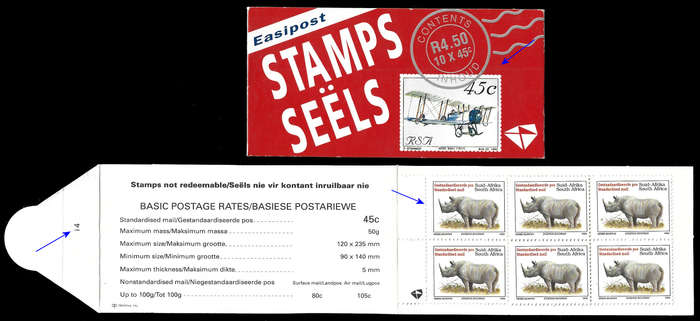 RSA 1993 AVIATION BOOKLET WITH RHINO STAMPS, LATIN HARRISON PAPER FULLY PERFED STATION 14
