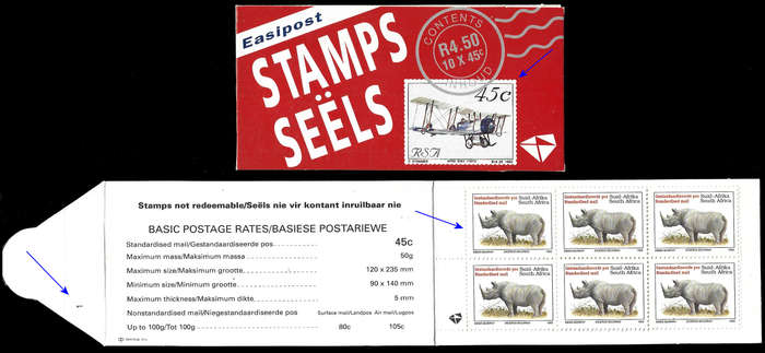 RSA 1993 AVIATION BOOKLET WITH RHINO STAMPS, LATIN HARRISON PAPER FULLY PERFED STATION 1