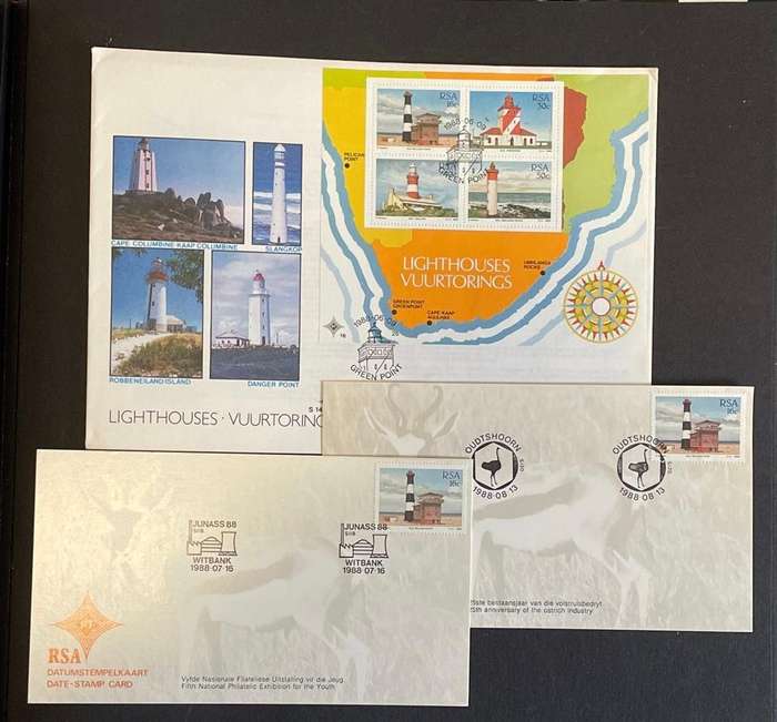 FDC South Africa - 1988 - Lighthouses - with mini sheet and x2 date stamp cards