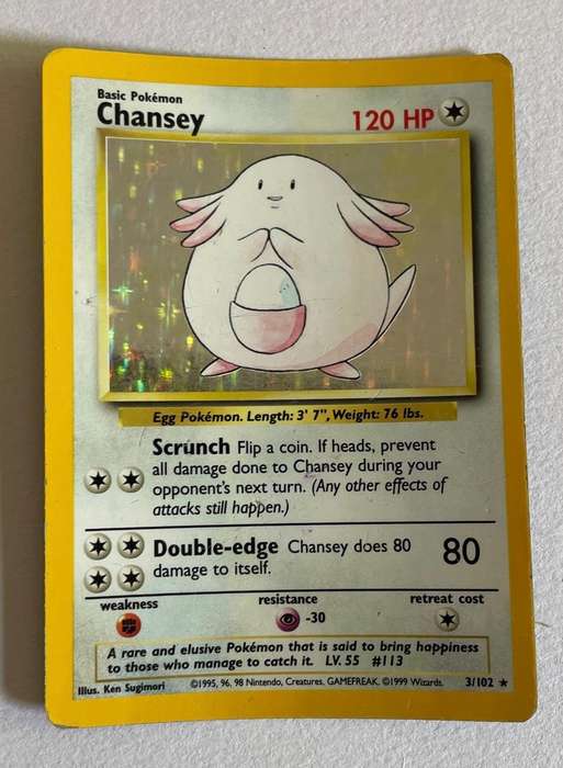 Pokémon Trading Card -  CHANSEY - 1999 - HOLO - 3/102 MEDIUM PLAYED