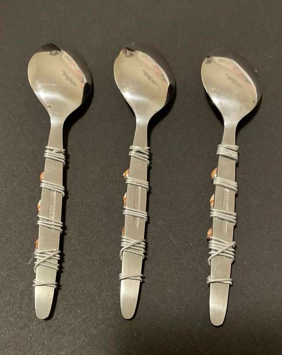 THREE BEAUTIFULLY DECORATED TEASPOONS - STAINLESS STEEL - CORAL COLOURS
