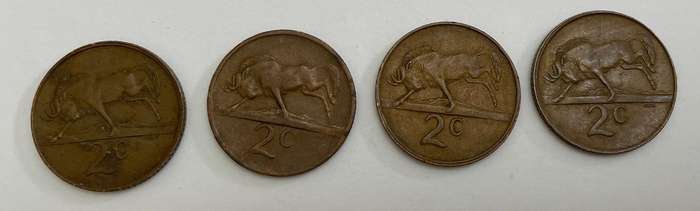 South African Two cents coins x 4 -  1968 x 1 and 3 82