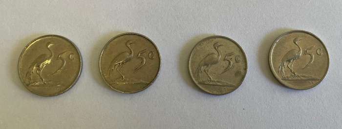 South Africa  x4  5c coins - 65, 68, 70 and 75
