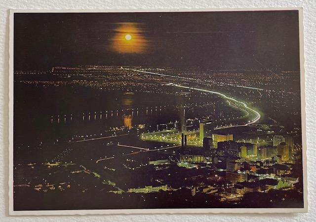 Vintage postcard - "Moonlight Fantasy" Cape Town with Northern Suburbs in distance  *Africana.