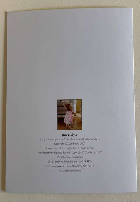 Greeting card - Loulou the Long Haired Chihuaua wears a floral print dress. Blank card - Cico Books
