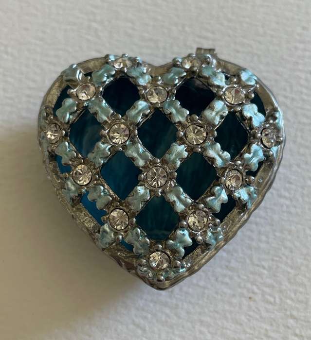 Beautiful metal trinket box - embellished with crystals, enamelled and hand painted interior.