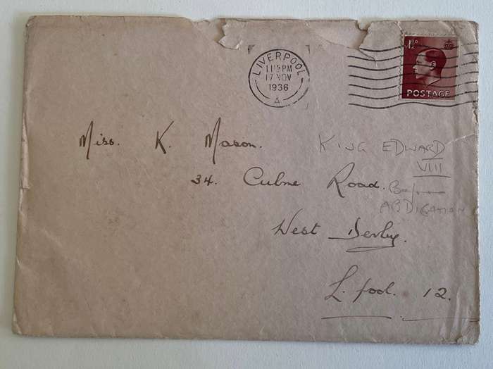 Envelope with Edward VIII stamp - posted 17th Nov 1936 - 3 weeks before abdication - RARE!!