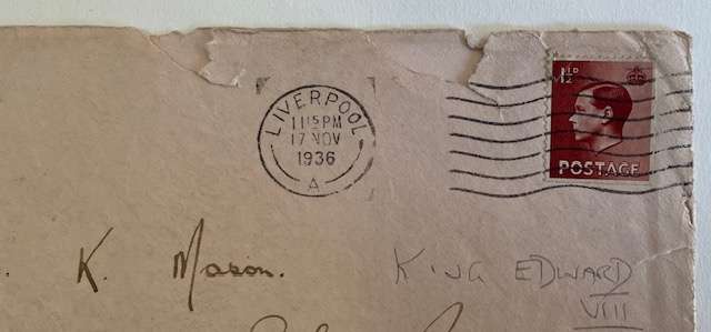 Envelope with Edward VIII stamp - posted 17th Nov 1936 - 3 weeks before abdication - RARE!!