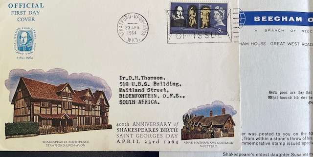 FDC ENGLAND, 1964 , 400th anniversary of Shakespeares birth , Advert for antibiotics inside #Beecham