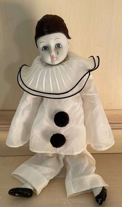 Vintage Pierrot Doll - Porcelain limbs and soft body - with stand and original clothes