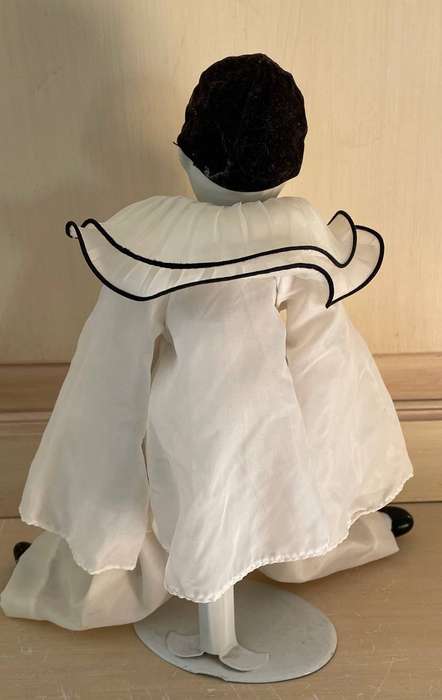 Vintage Pierrot Doll - Porcelain limbs and soft body - with stand and original clothes