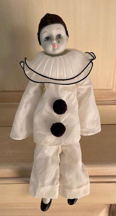 Vintage Pierrot Doll - Porcelain limbs and soft body - with stand and original clothes
