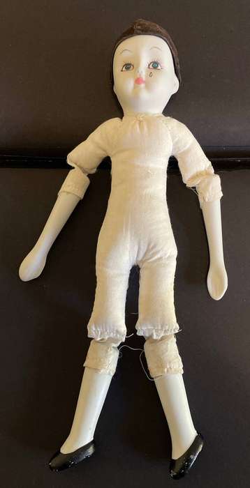 Vintage Pierrot Doll - Porcelain limbs and soft body - with stand and original clothes