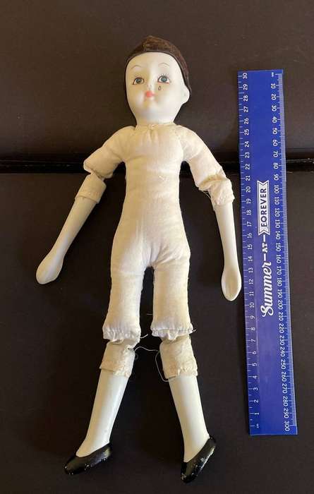 Vintage Pierrot Doll - Porcelain limbs and soft body - with stand and original clothes