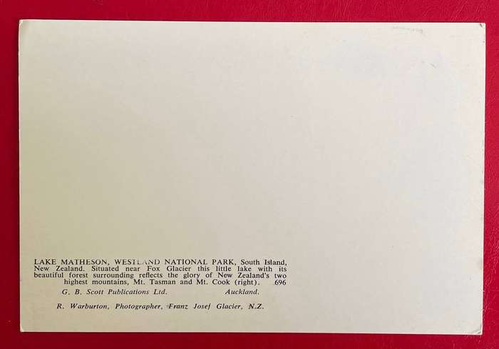 Vintage postcard - Lake Matheson - New Zealand , South Island - GB Scott publication unused