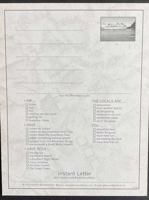 POSTCARD - "INSTANT LETTER" Quirky, fun card! Southern Cape - S.A Have a look at reverse side!