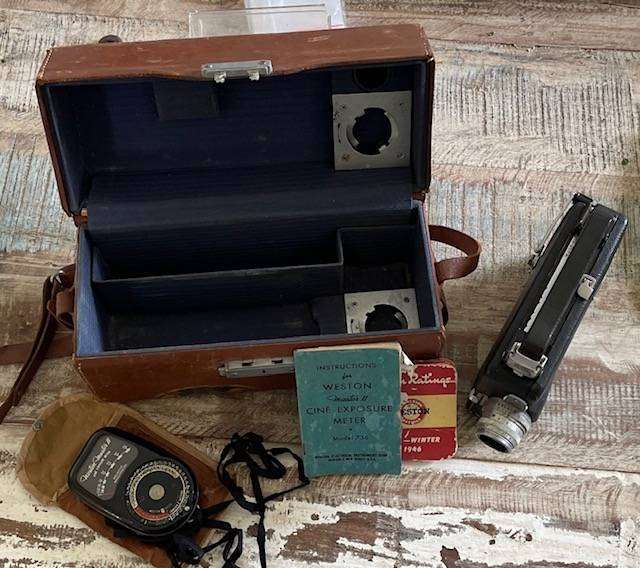 VINTAGE KODAK 16mm CINE CAMERA WITH ORIGINAL LEATHER CARRY CASE, WESTON MASTER II LIGHT METER & BOOK