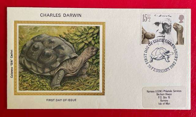 FDC - CHARLES DARWIN 1982 - C0LORANO SILK CACHET - SHREWSBURY -15.5 PENCE - TORTOISE