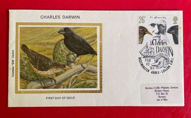 FDC - CHARLES DARWIN 1982 - COLORANO SILK CACHET - SHREWSBURY -26 PENCE - BIRDS