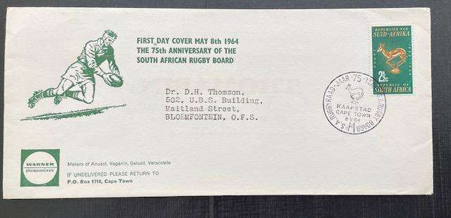 First Day Cover - South Africa - 1964 - 75th Anniversary of Rugby Board - # Warner Pharmaceuticals