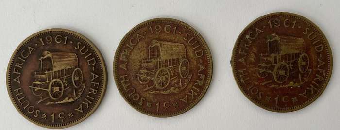 South African 1 cent coins x3 - all 1961