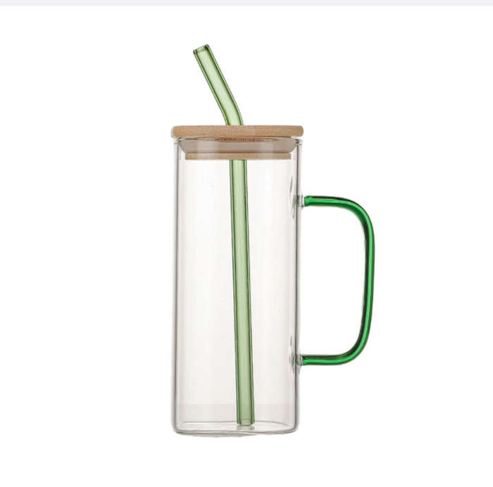 BURRAAQ TRADING/ COLOURFUL SQUARE GLASS MUG WITH BAMBOO PLASTIC LID