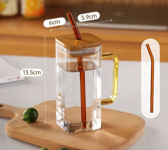BURRAAQ TRADING/ COLOURFUL SQUARE GLASS MUG WITH BAMBOO PLASTIC LID