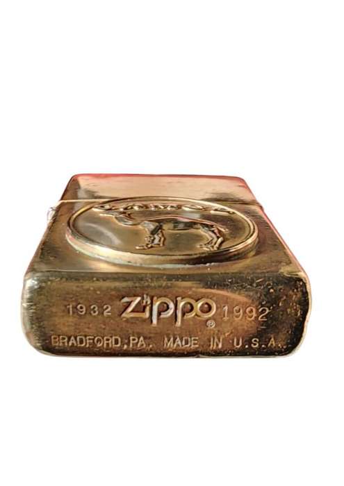 VINTAGE ZIPPO BRONZE 1932-1992 LIGHTER.BRONZE INNER PARTS.LEATHER POUCH.