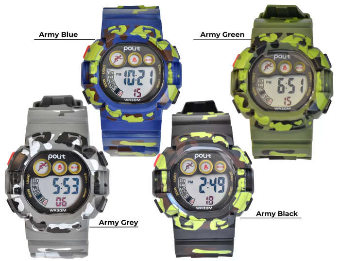 Kiddies digital sports watch, Army style, Waterproof (35 bar), 12/24