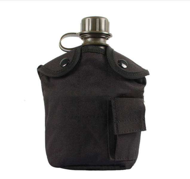 Military Canteen Bottle with a Felt-Lined Cover - Black