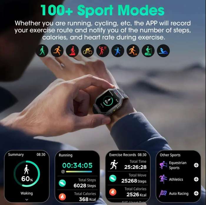 KR82 Sports Smart Watch, Ultra Clear, Large Screen, Long Life Battery, and loads of functions