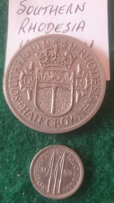 2 x Old Southern Rhodesia coins (1/2 crown and 3d)
