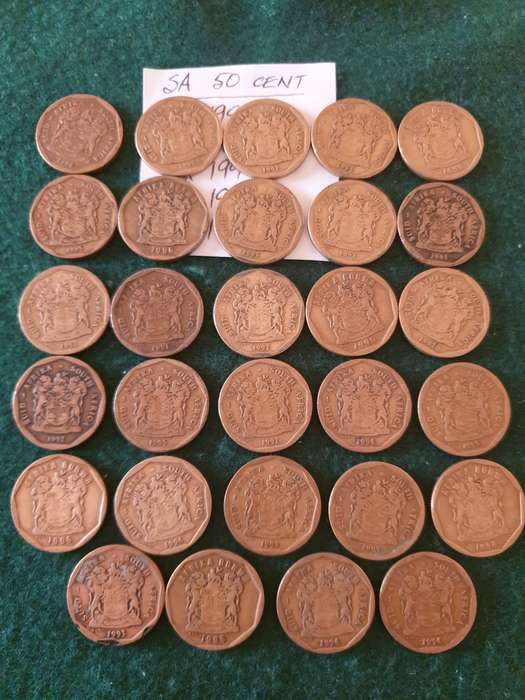 29 x South African 50c coins (1991 to 1998)