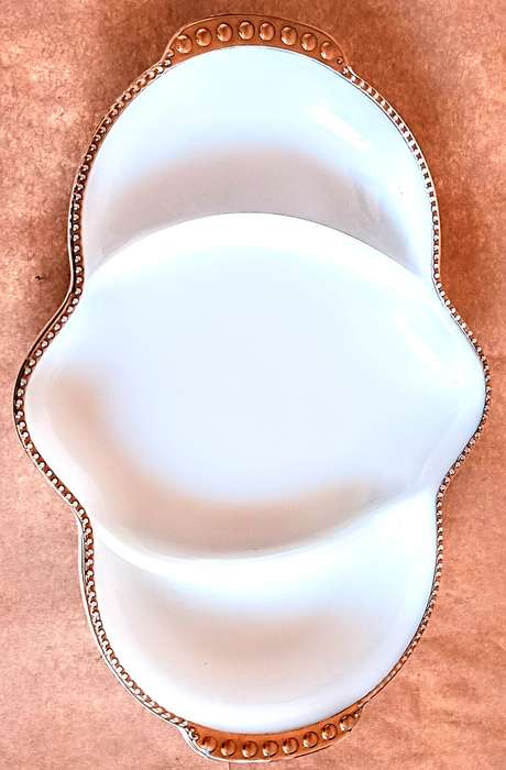 Vintage 1950's Fire King Opaline White Gold Trim Divided Relish Dish