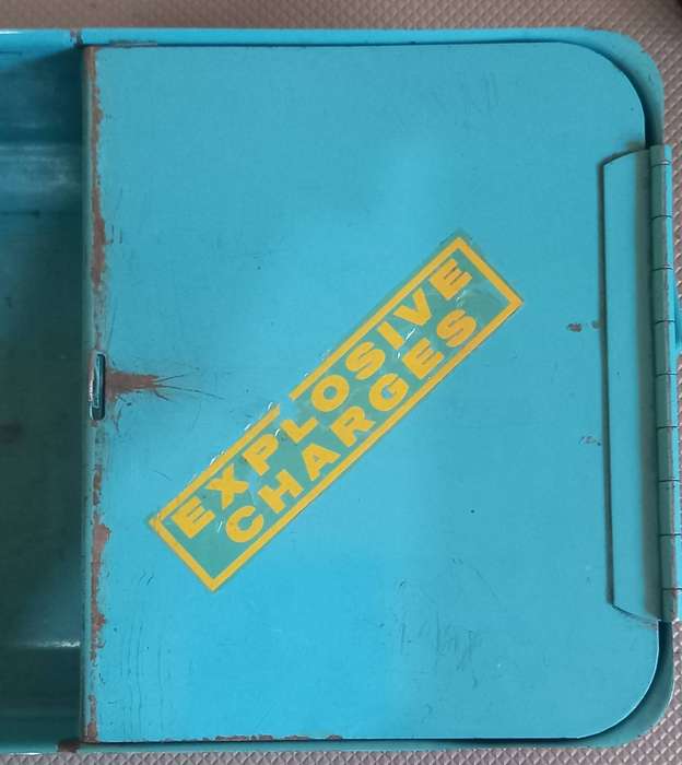 Vintage Metal Tray with Swivel Handle for Explosive Charges