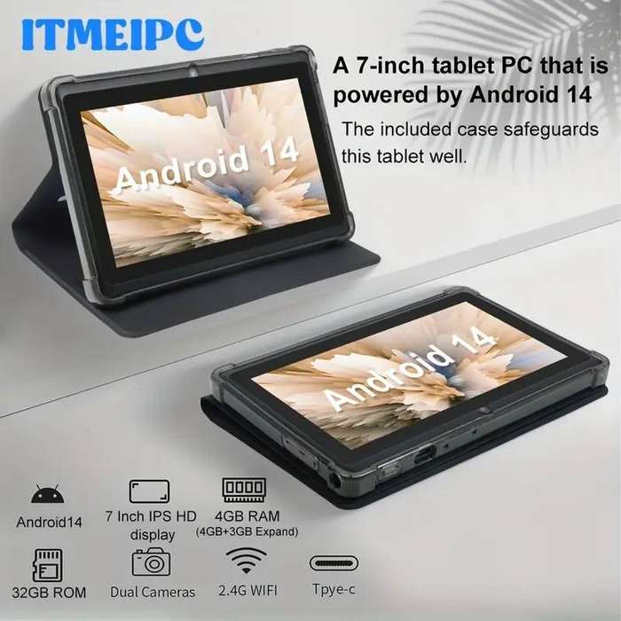 ITMEIPC Android 14 tablet with quad-core processor, HD display and dual cameras