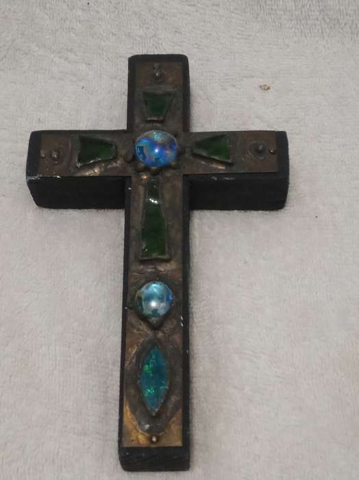 Beautiful Mosaic Wooden Cross with Green Stones