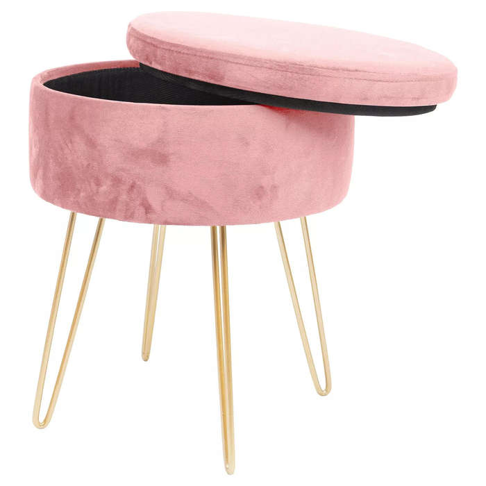 Pink and Gold Round Velvet Storage Footstool Ottoman