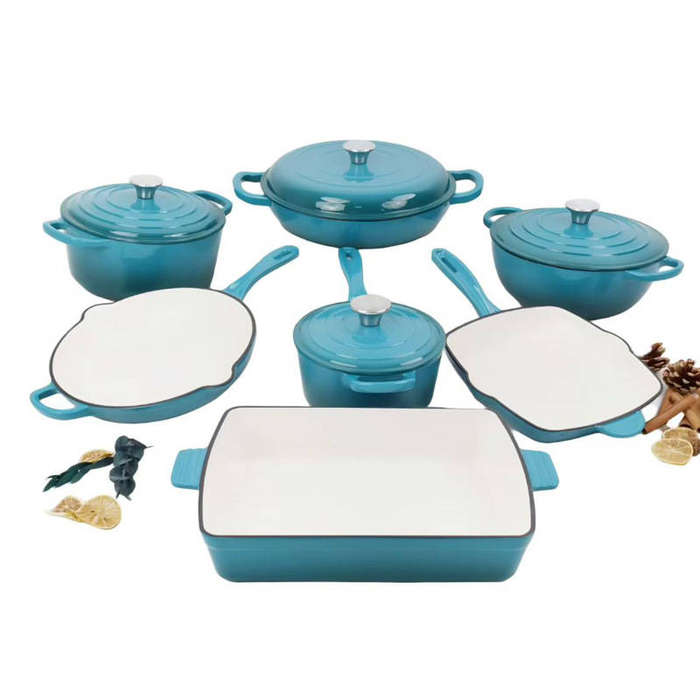 11 Piece Enameled Cast Iron Modern Non-Stick Cookware Set BLUE
