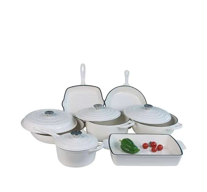 11 Piece Enameled Cast Iron Modern Non-Stick Cookware Set white
