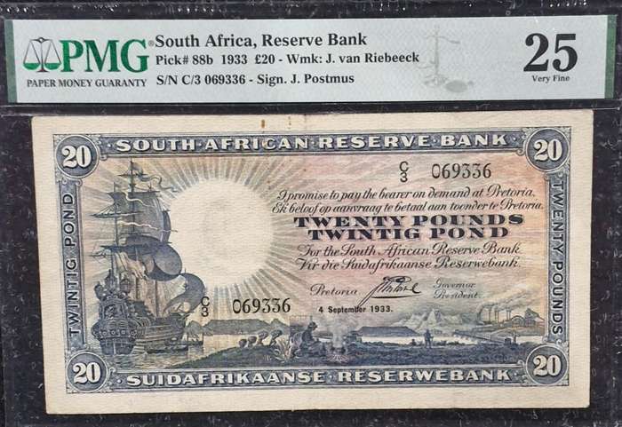 1933 South Africa, 20 Pounds - PMG 25 VF - Rare J. Postmus Signature - Pick # 88b