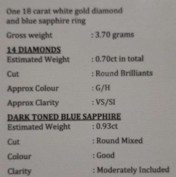 18 carat white gold diamond and blue sapphire ring