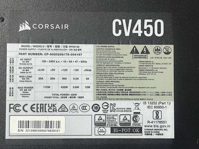 Corsair CV Series CV450  450 Watt 80 Plus® Bronze Certified PSU