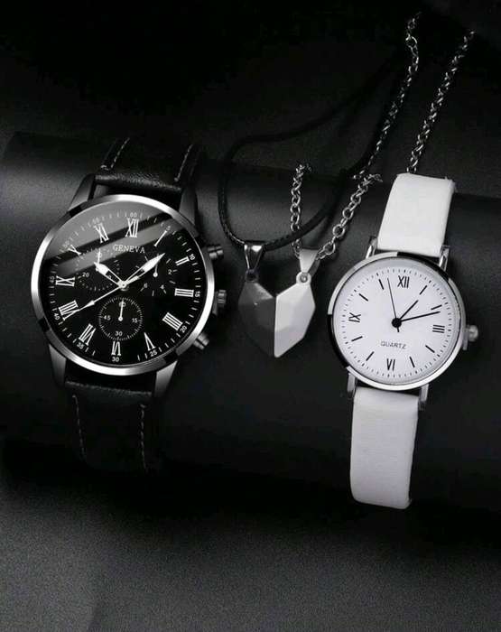 Couple Watch & Necklace Gift Set  His & Hers Matching Watches with Romantic Pendants