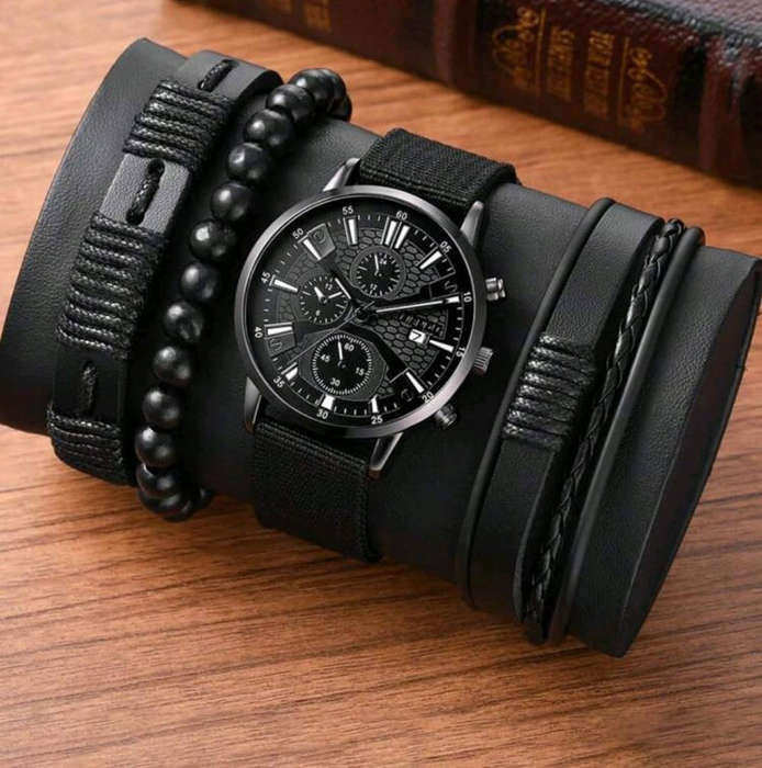 Mens Dark Black Watch & Bracelet Set  4-Piece Collection