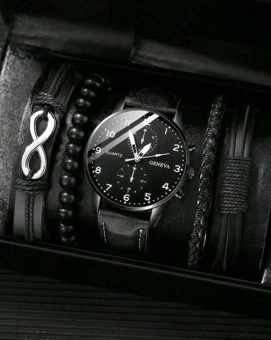 Mens Black Leather Watch & Bracelet Set  5-Piece Collection