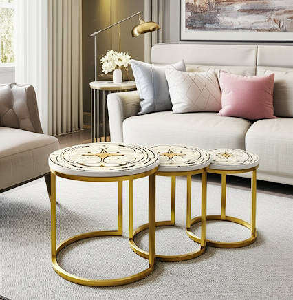 Luxury ornate nesting tables  set of 3 with decorative patterned tops & gold frames