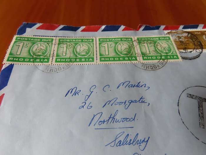 Stamps - Rhodesia - 4 Envelopes with Postage Due Stamps- 1c, 2c, 5c