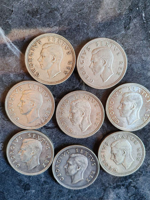 8 x South African 5 Shillings Silver Coins (1948)  80% Silver- LOT 6